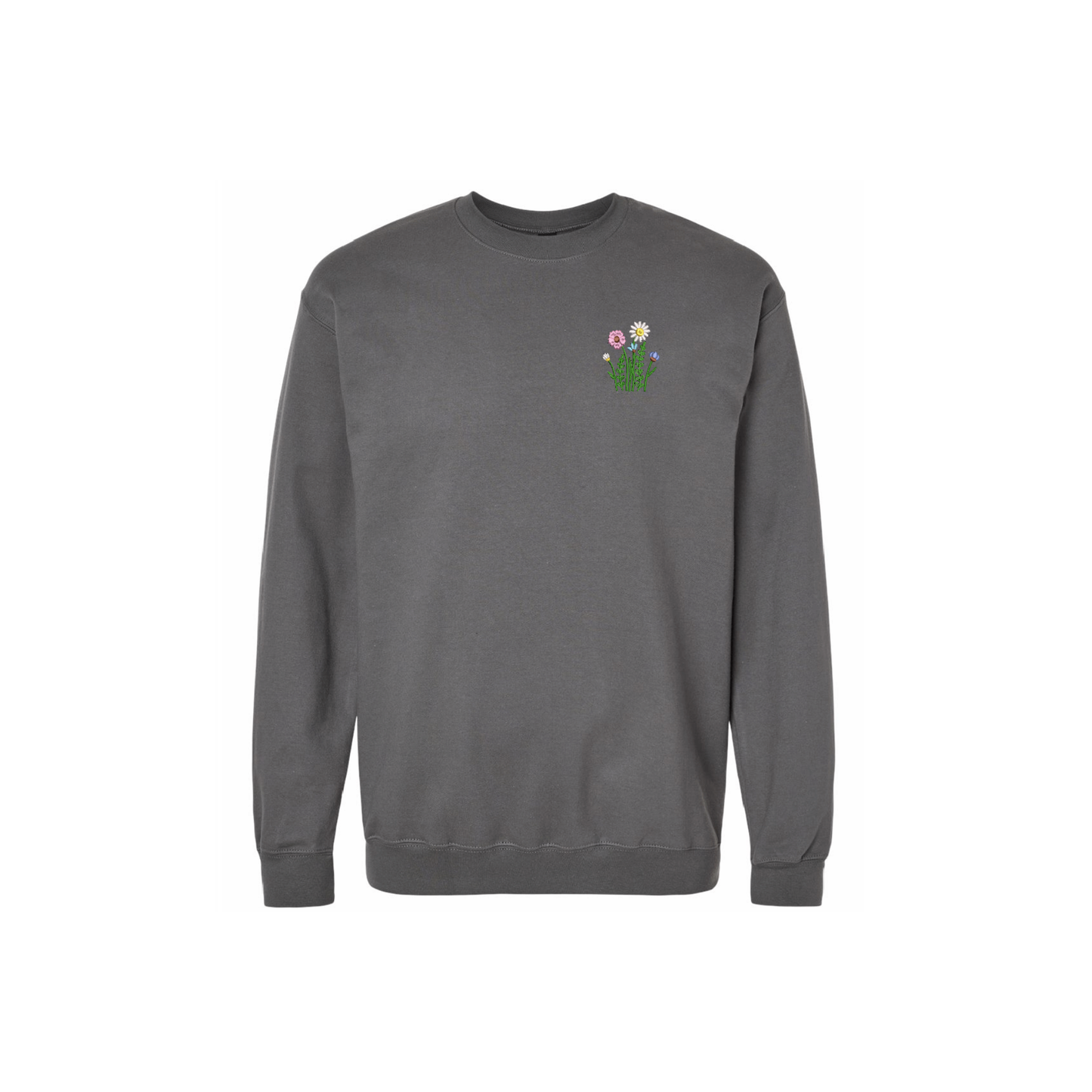 charcoal color sweatshirt with embroidered wildflowers 