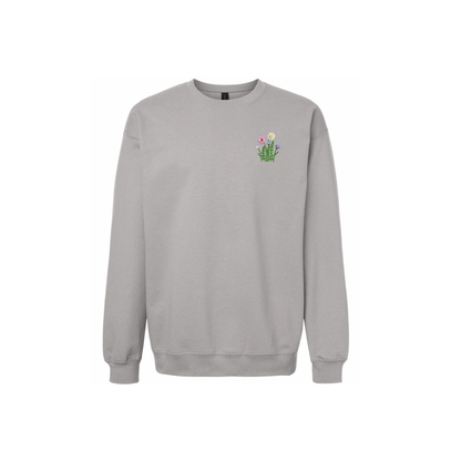 cement gray color sweatshirt with embroidered wildflowers 